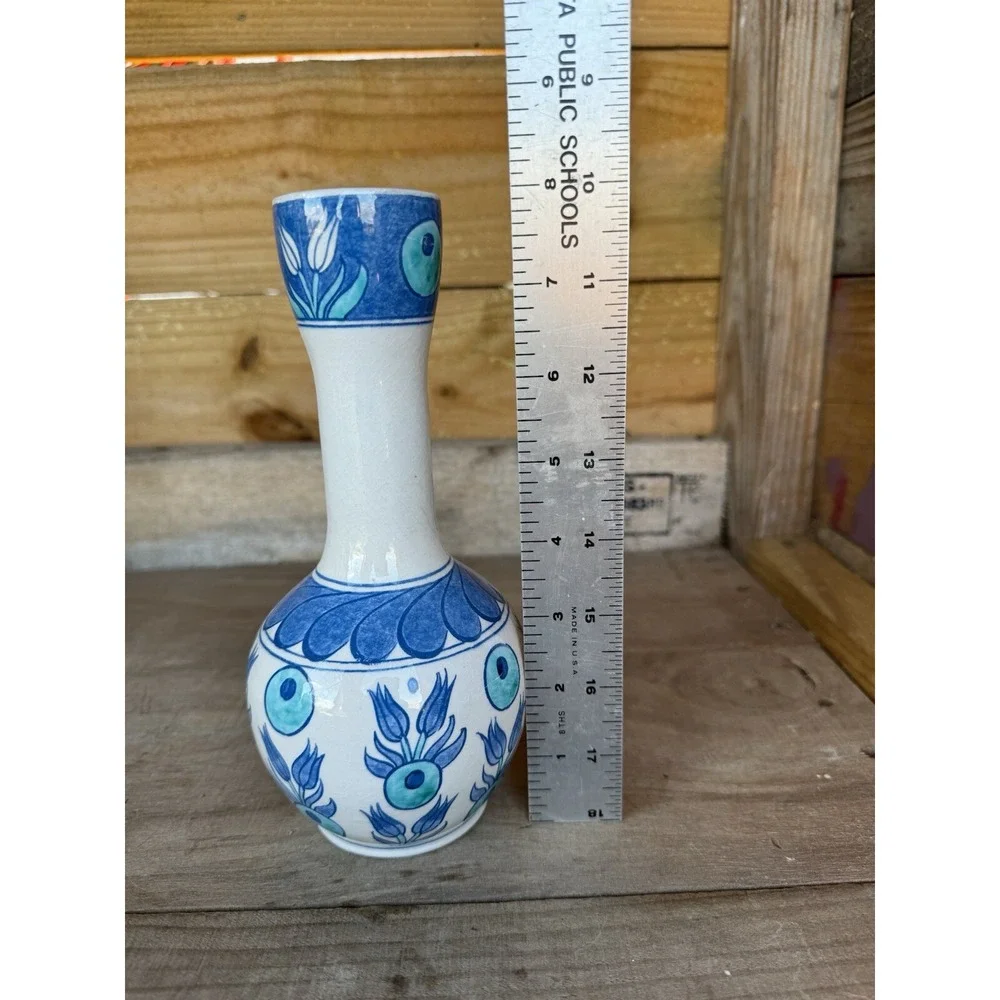 Vintage Hand Made Hand Painted Small‎ Turkish Porcelain Vase Blue Floral